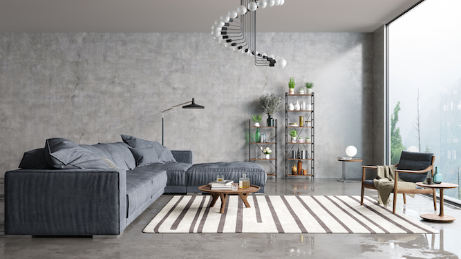 Modern interior design of a living room in an apartment, house, office, comfortable sofa, bright modern interior details and light from a window on a concrete wall background.